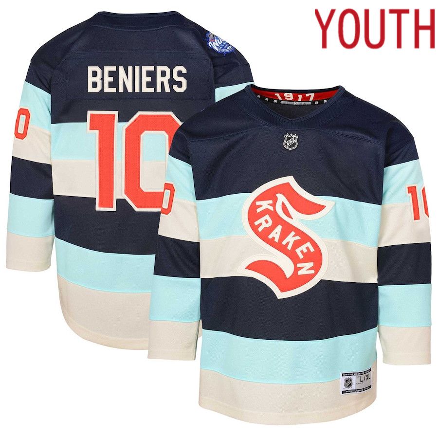 Youth Seattle Kraken 10 Matty Beniers Deep Sea Blue 2024 NHL Winter Classic Premier Player Jersey